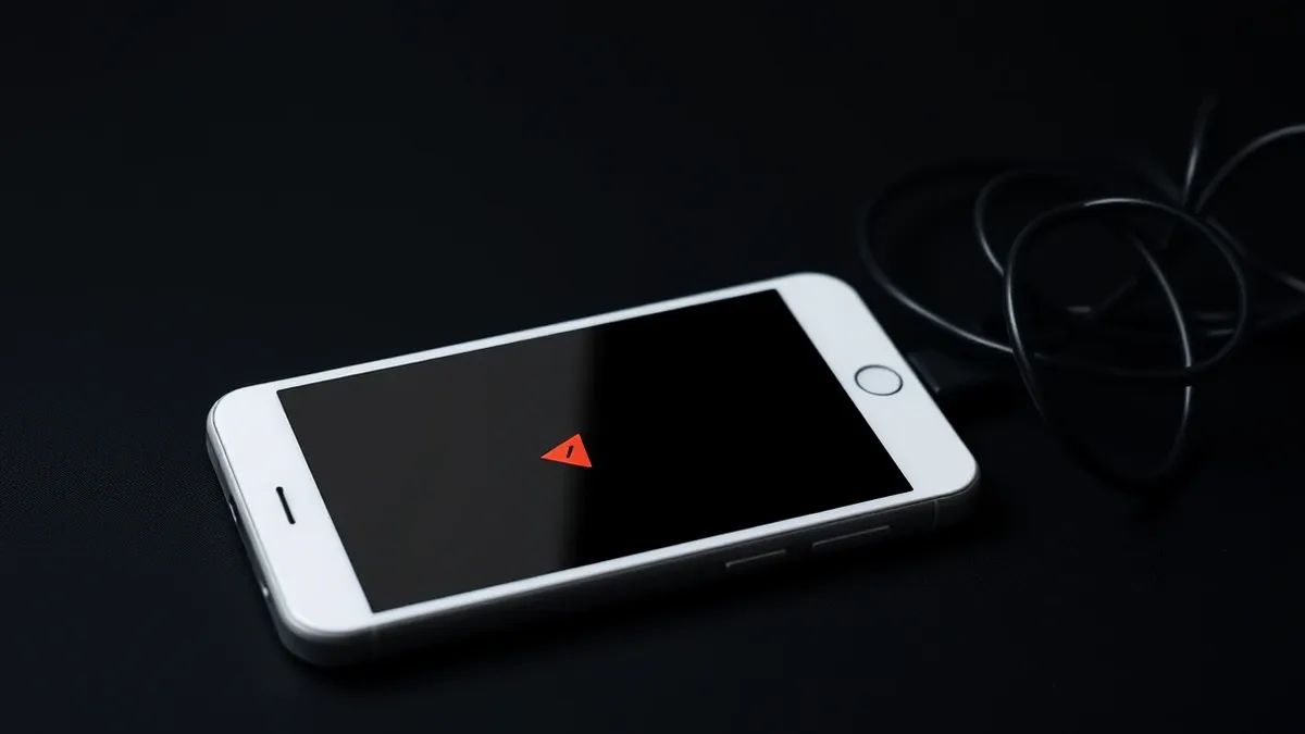 Illustration: A sleek white smartphone rests on a dark desk, its blank screen displaying a single red warning triangle.