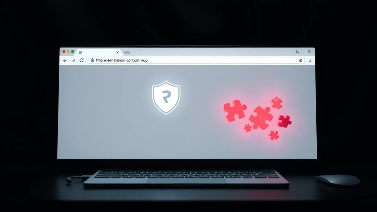 Illustration: A blank web browser window sits on a desk, overlaid with a translucent shield icon.