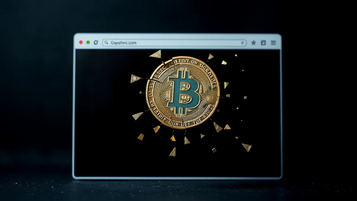 Illustration: A cracked digital token floats above a blank browser window, revealing a hollow center where the signature should be.