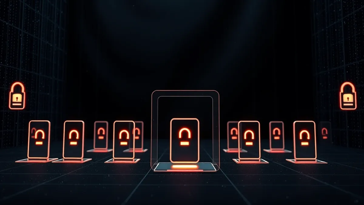 Illustration: A transparent digital fortress dissolves into floating verification checkpoints.
