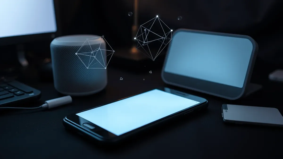 Illustration: A sleek smartphone rests on a cluttered desk next to a generic smart speaker.