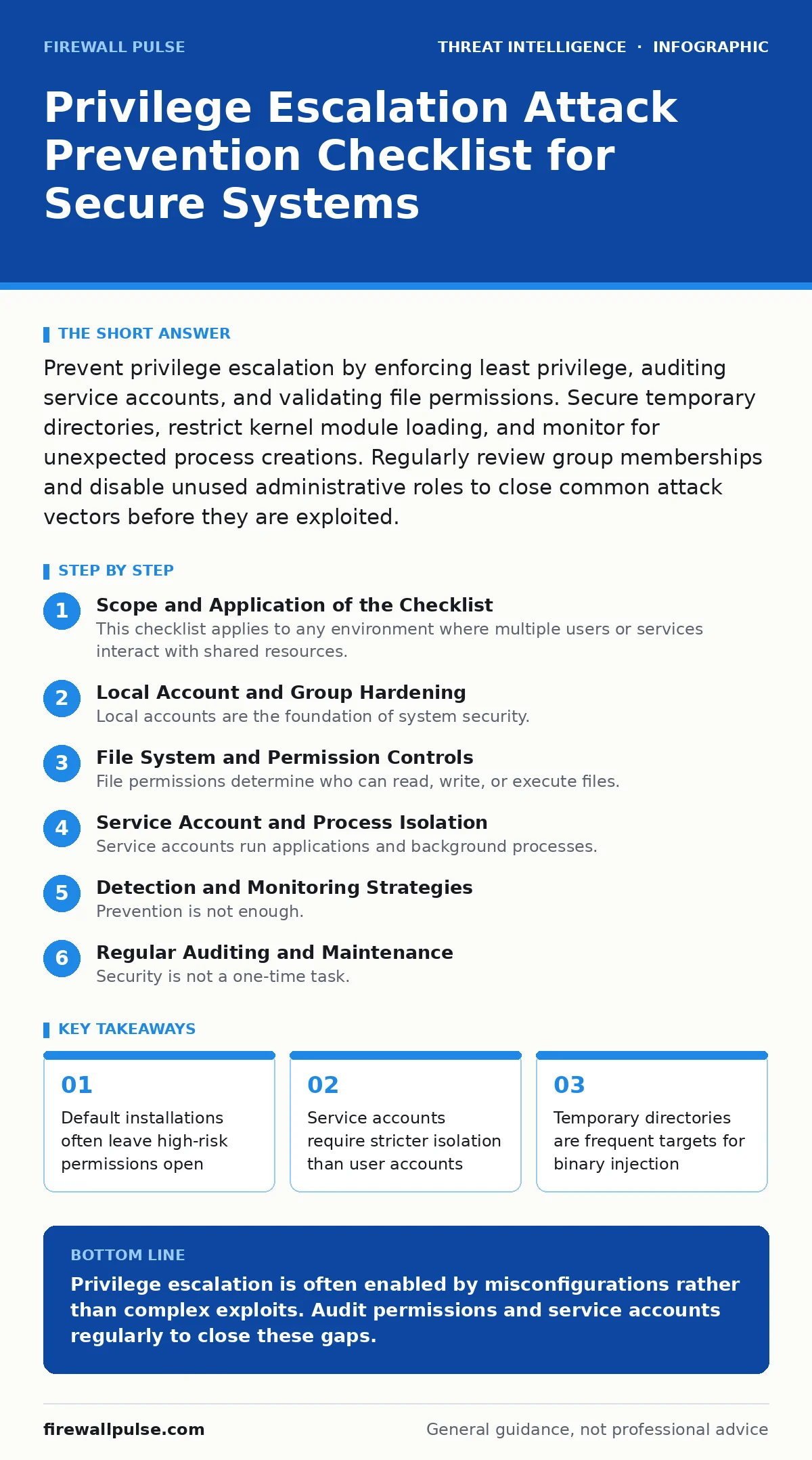 Infographic: Privilege Escalation Attack Prevention Checklist for Secure Systems. Default installations often leave high-risk permissions open Service accounts require stricter isolation than user accounts Temporary directories are frequent targets for binary injection Kernel module loading must be