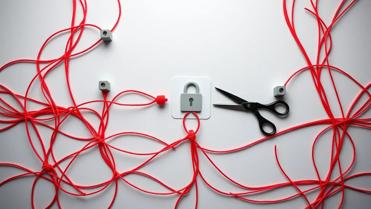 Illustration: A tangled knot of red strings connects various gray server icons on a clean white board.