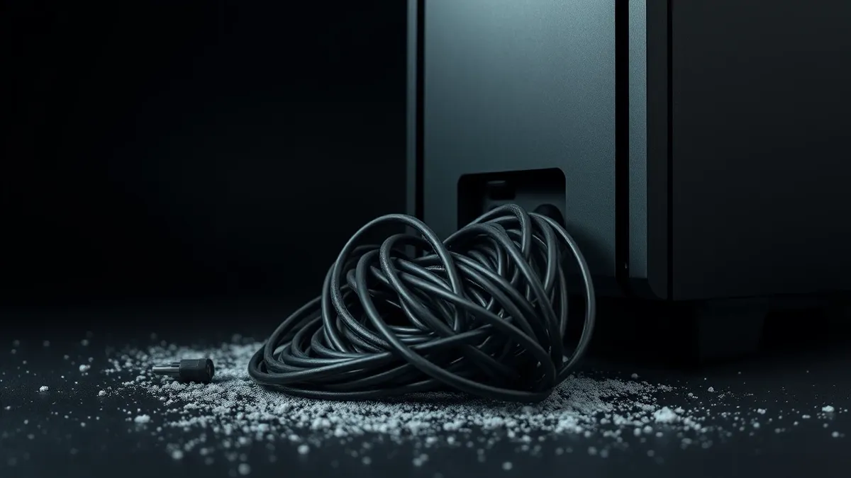 Illustration: A tangled knot of thick black cables emerges from the base of a sleek desktop computer tower.