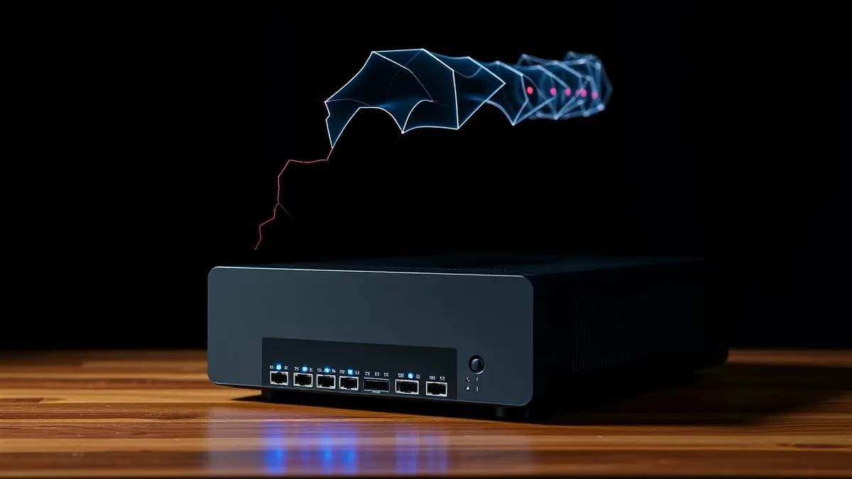 Illustration: A sleek black network appliance sits on a wooden desk, its front panel glowing with steady blue lights.
