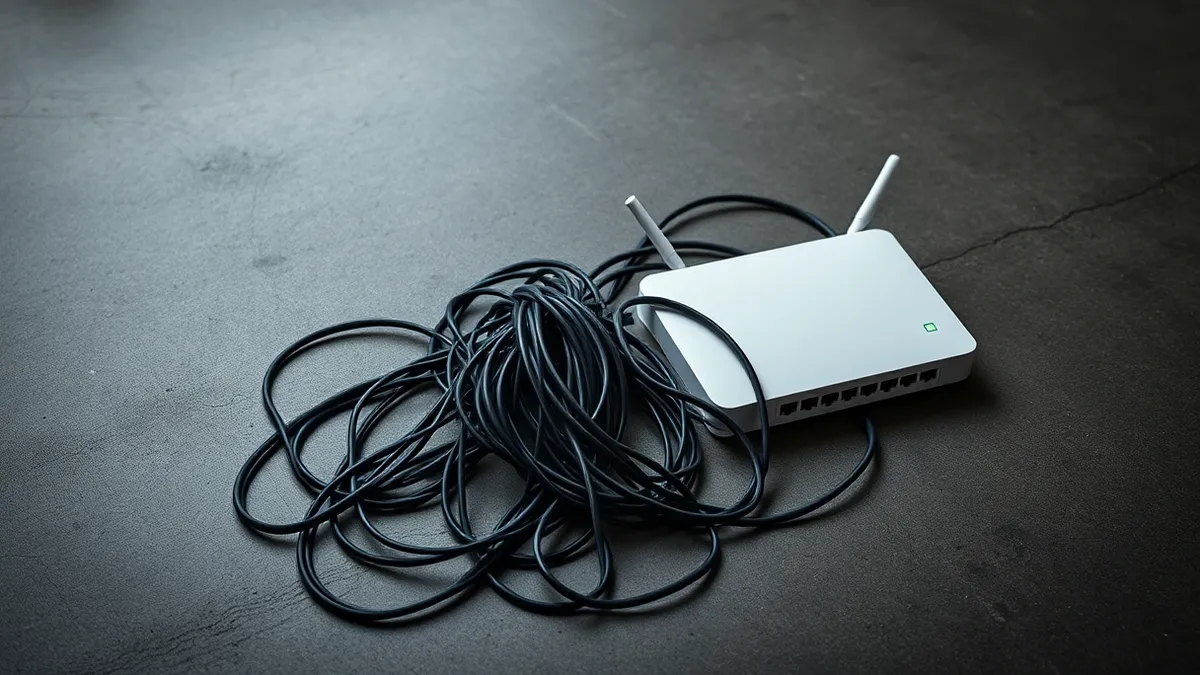 Illustration: A tangled knot of black ethernet cables lies in a pile on a concrete floor, connecting to a single white router with blinking lights.