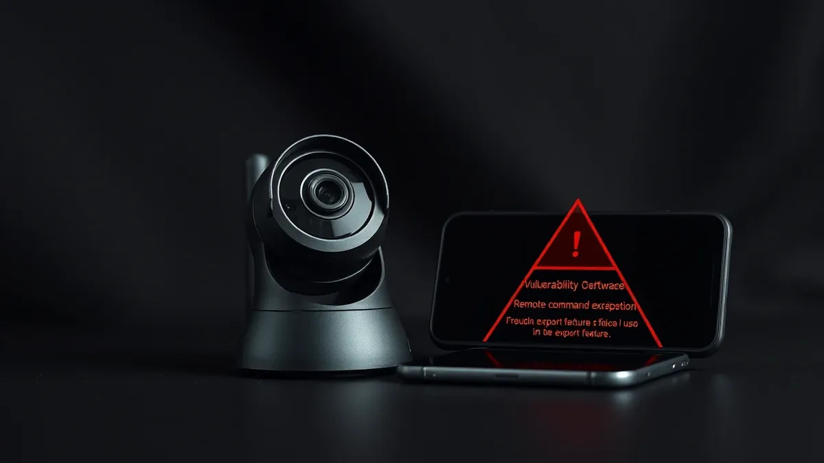 Illustration: A security camera sits on a desk beside a generic smartphone displaying a blank interface.