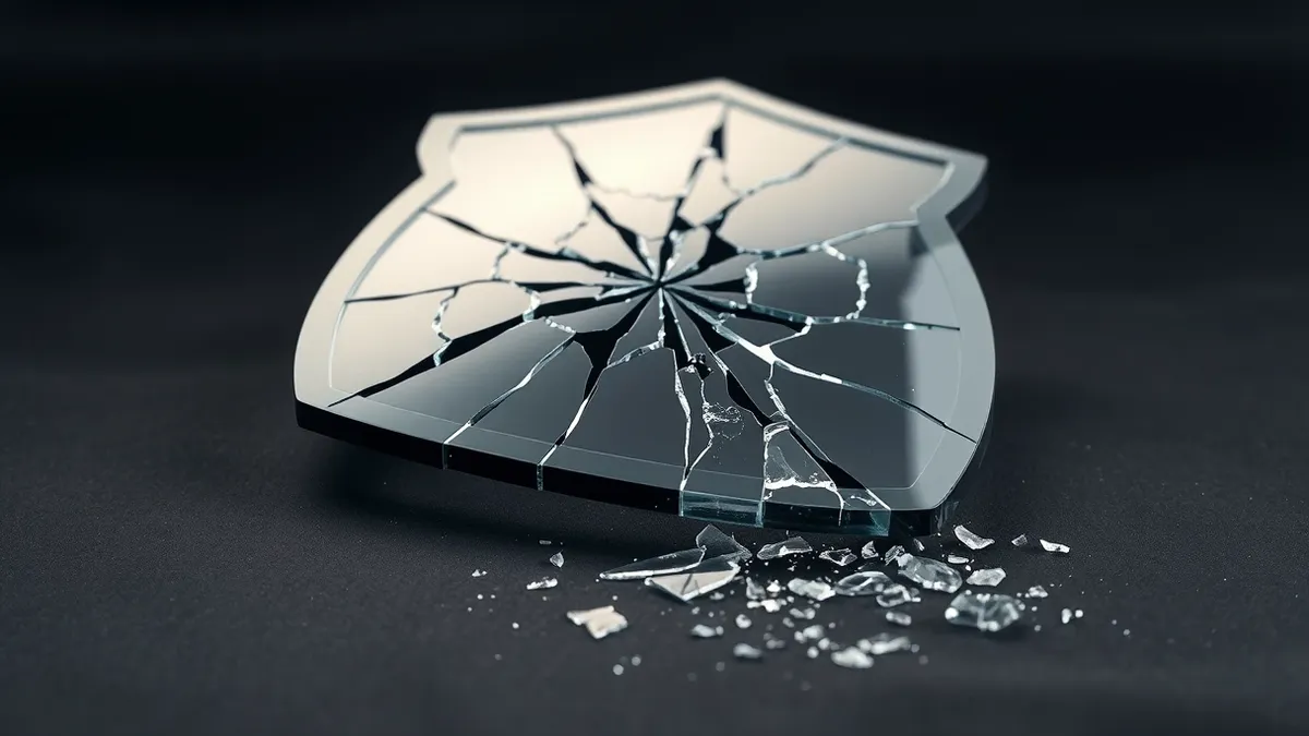 Illustration: A shattered glass shield with jagged cracks lies on a dark surface, reflecting distorted abstract shapes.