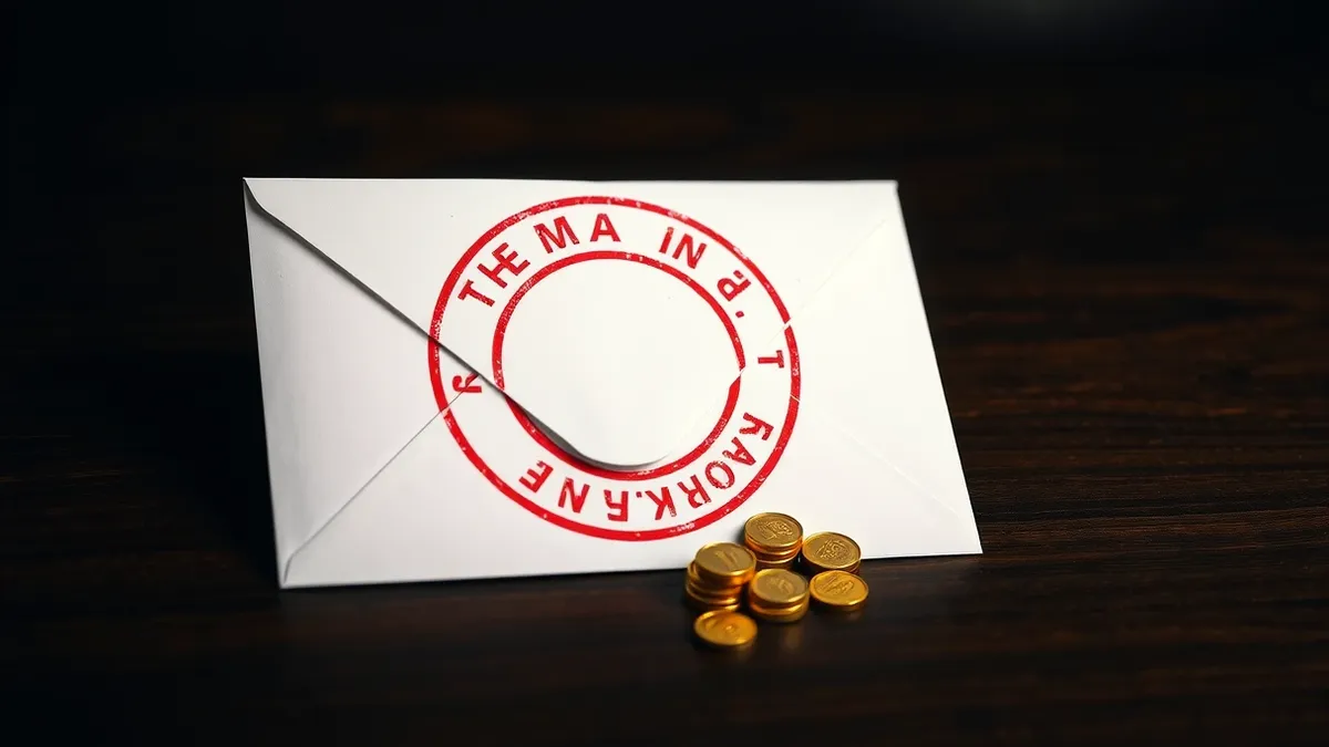 Illustration: A white envelope sits on a wooden desk next to a small pile of gold coins.