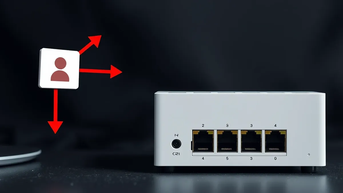Illustration: A white network appliance sits on a desk with blank ports facing outward.