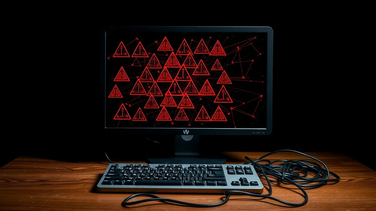 Illustration: A dark room holds a single computer monitor displaying a chaotic grid of overlapping red warning triangles and jagged abstract lines.