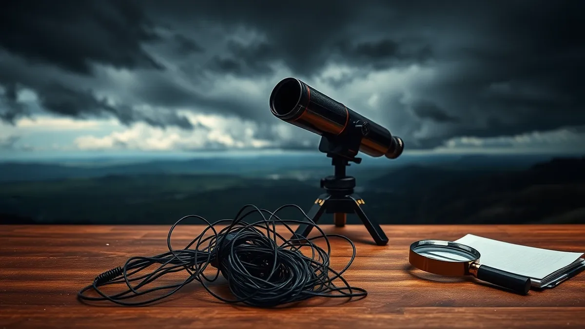 Illustration: A wide landscape view shows a solitary telescope pointed toward distant storm clouds on the horizon.