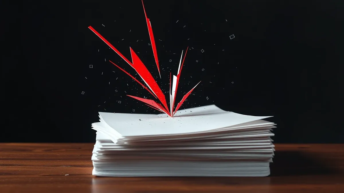 Illustration: A thick stack of plain white papers sits on a wooden desk, with several sheets drifting away in a sudden draft.