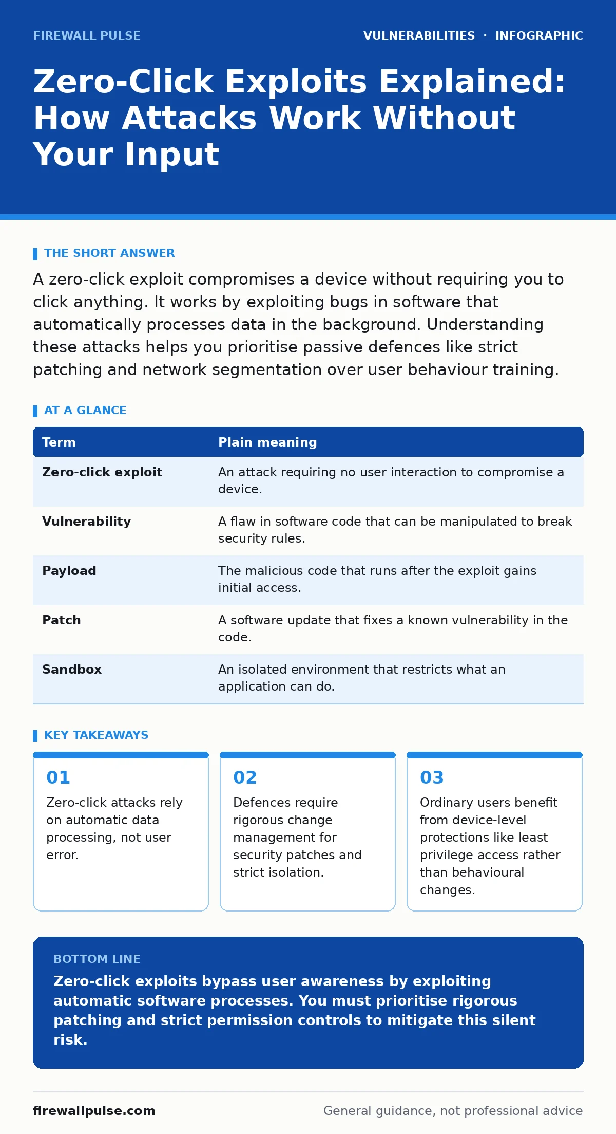 Infographic: Zero-Click Exploits Explained: How Attacks Work Without Your Input. Zero-click attacks rely on automatic data processing, not user error. Defences require rigorous change management for security patches and strict isolation. Ordinary users benefit from device-level protections like leas