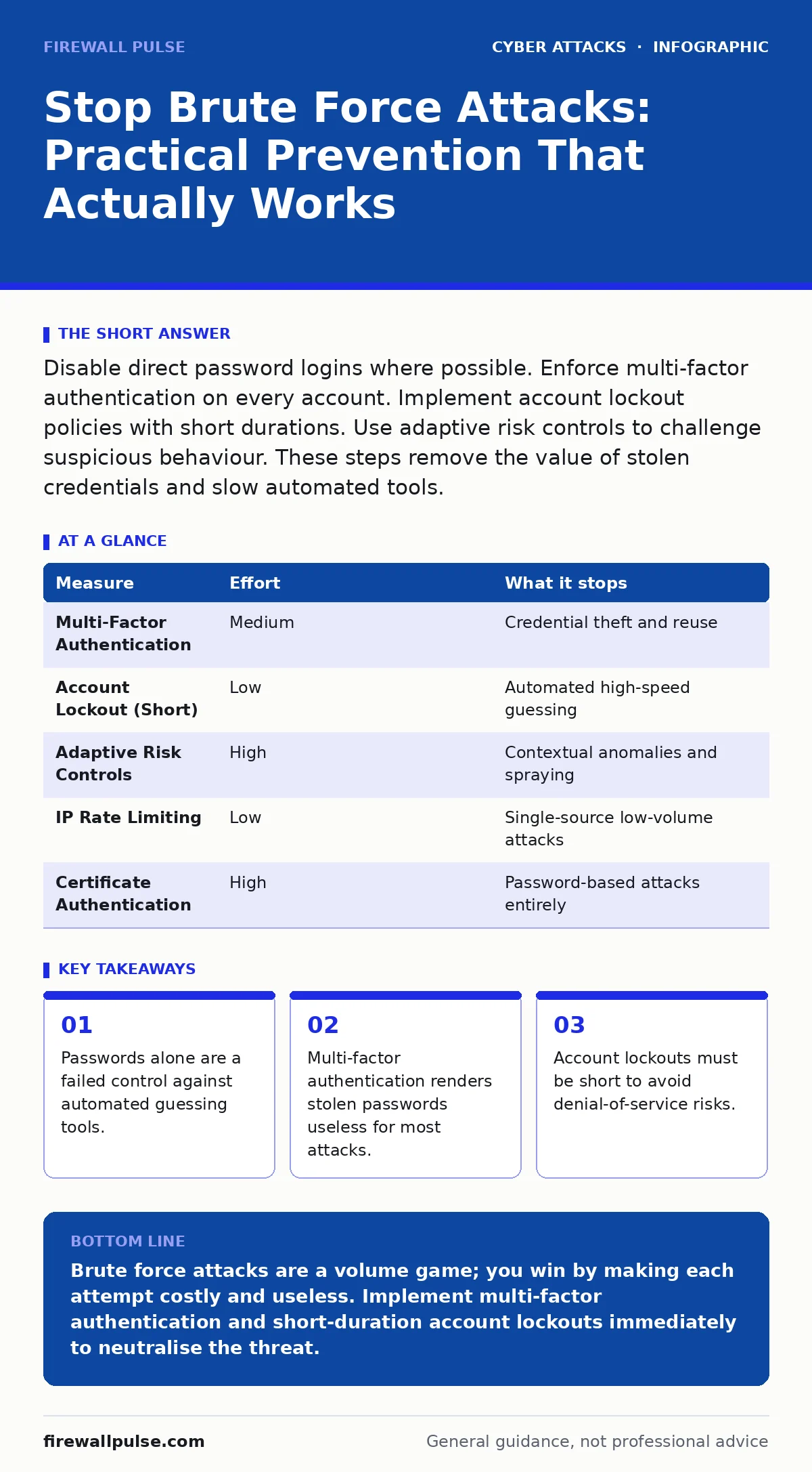 Infographic: Stop Brute Force Attacks: Practical Prevention That Actually Works. Passwords alone are a failed control against automated guessing tools. Multi-factor authentication renders stolen passwords useless for most attacks. Account lockouts must be short to avoid denial-of-service risks.