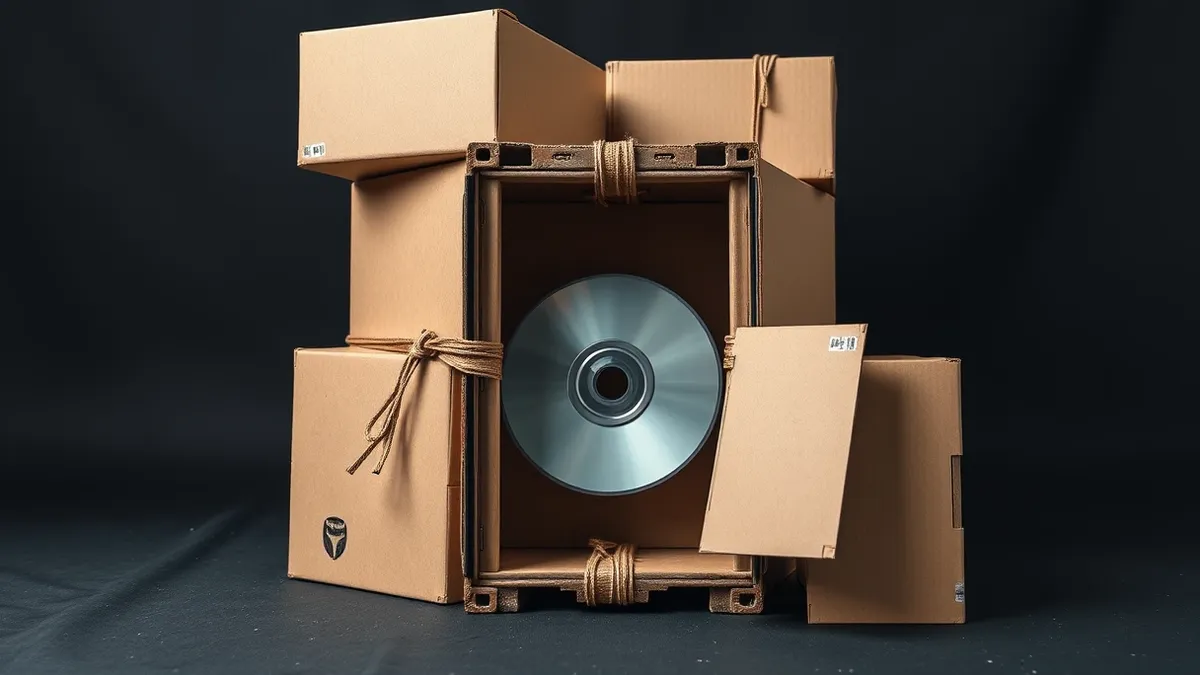 Illustration: A tangled knot of shipping straps binds several cardboard boxes together, but one strap has slipped loose, leaving a gap that reveals a generic software install disc 