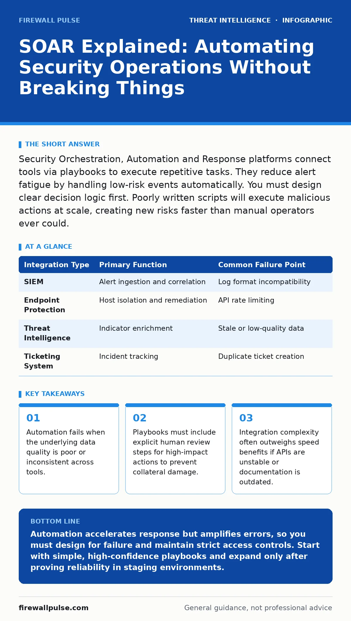 Infographic: SOAR Explained: Automating Security Operations Without Breaking Things. Automation fails when the underlying data quality is poor or inconsistent across tools. Playbooks must include explicit human review steps for high-impact actions to prevent collateral damage. Integration complexity