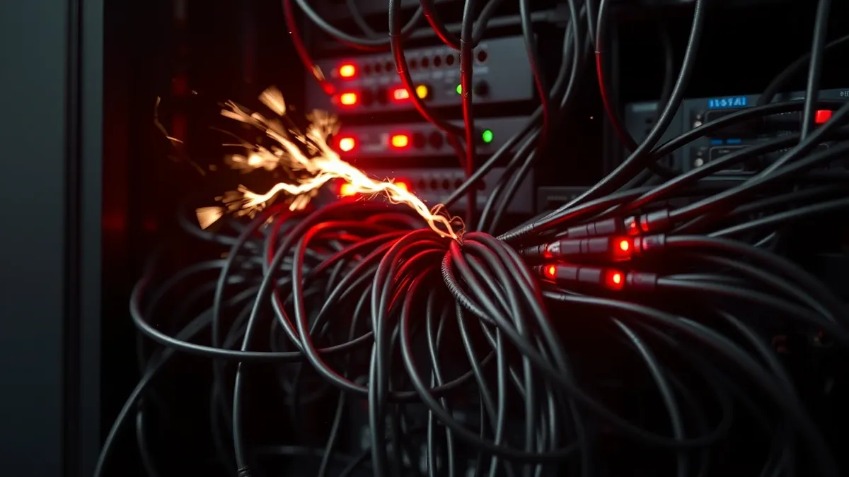 Illustration: A tangled nest of black cables connects to a central server hub, with one cable frayed and sparking.