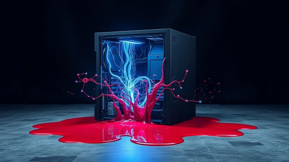 Illustration: A sleek black server unit sits on a concrete floor with its side panel removed.