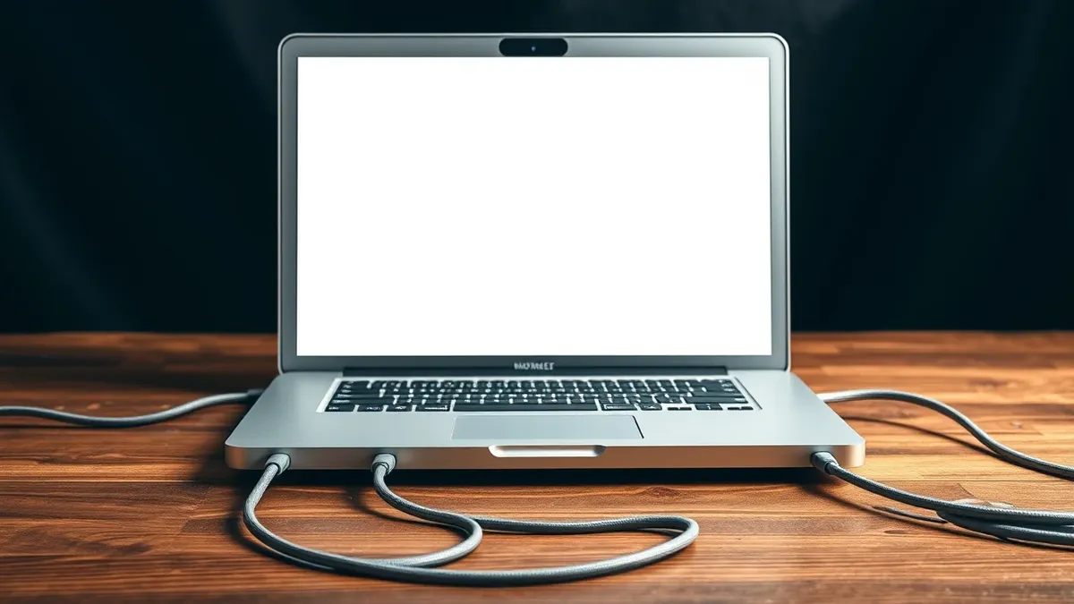 Illustration: A sleek silver laptop sits on a wooden desk, its screen displaying a single, empty web browser window with a blank white page.
