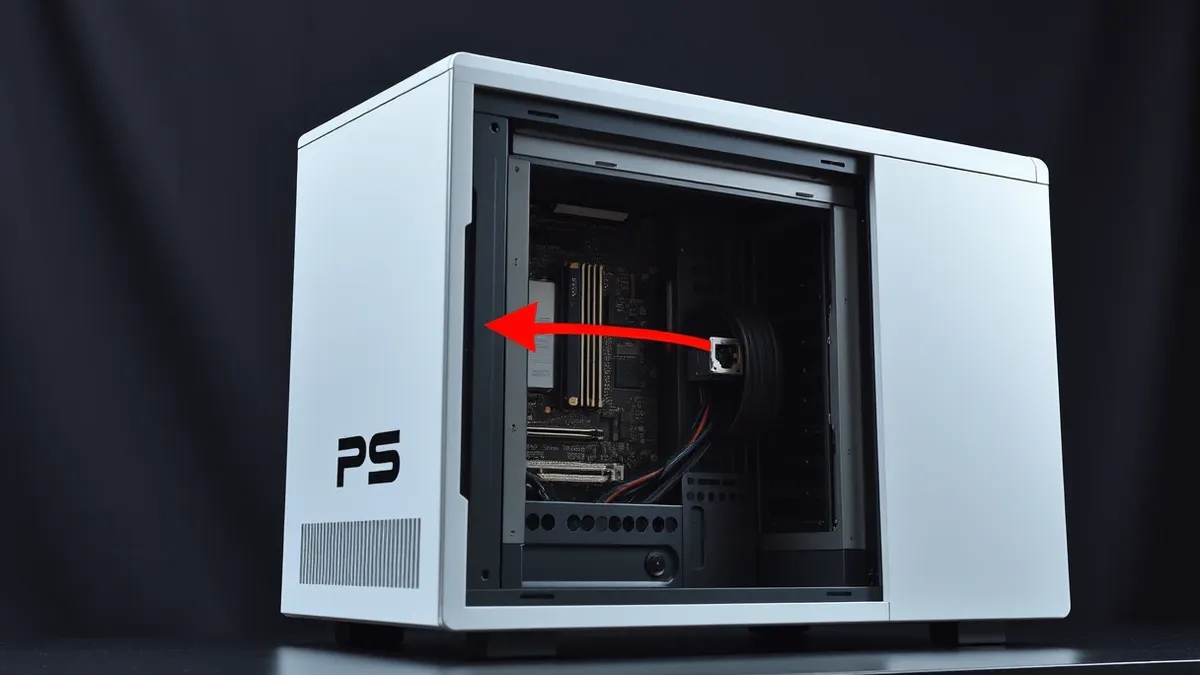 Illustration: A sleek white server tower sits on a desk with its side panel removed, exposing intricate circuit boards.