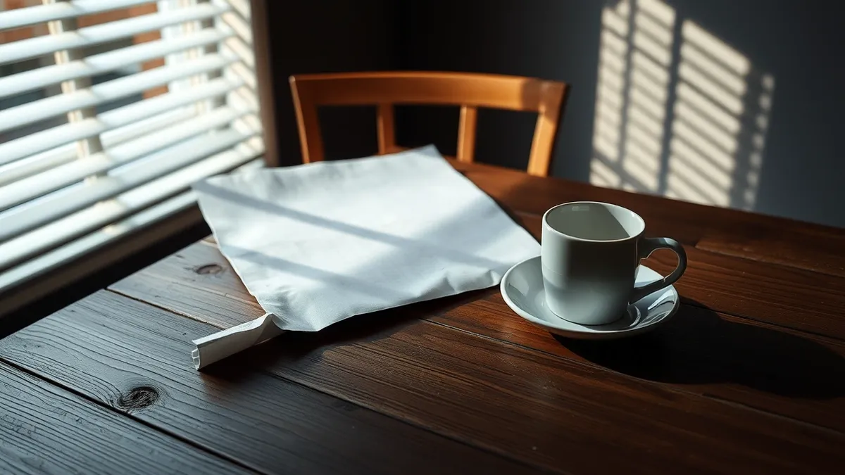 Illustration: A single crumpled paper investment prospectus rests on a worn wooden dining table next to an empty teacup.
