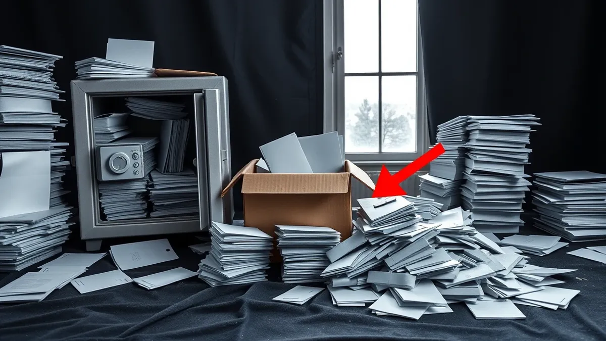 Illustration: A chaotic desk holds three distinct piles of identical gray documents.