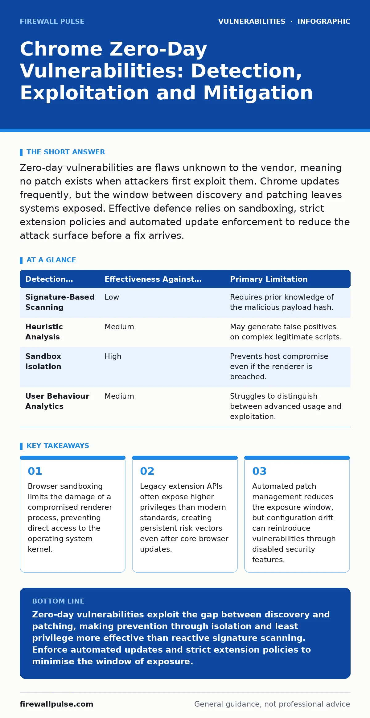 Infographic: Chrome Zero-Day Vulnerabilities: Detection, Exploitation and Mitigation. Browser sandboxing limits the damage of a compromised renderer process, preventing direct access to the operating system kernel. Legacy extension APIs often expose higher privileges than modern standards, creating