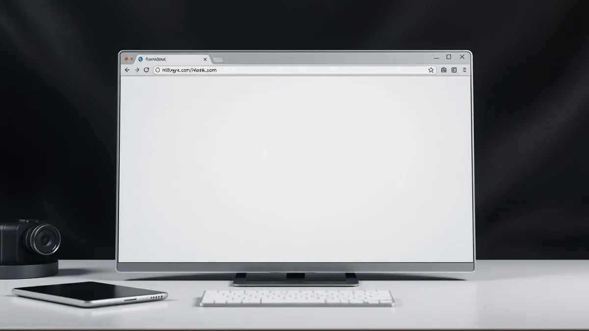 Illustration: A sleek web browser window sits on a clean desk, its interface displaying only abstract geometric shapes.