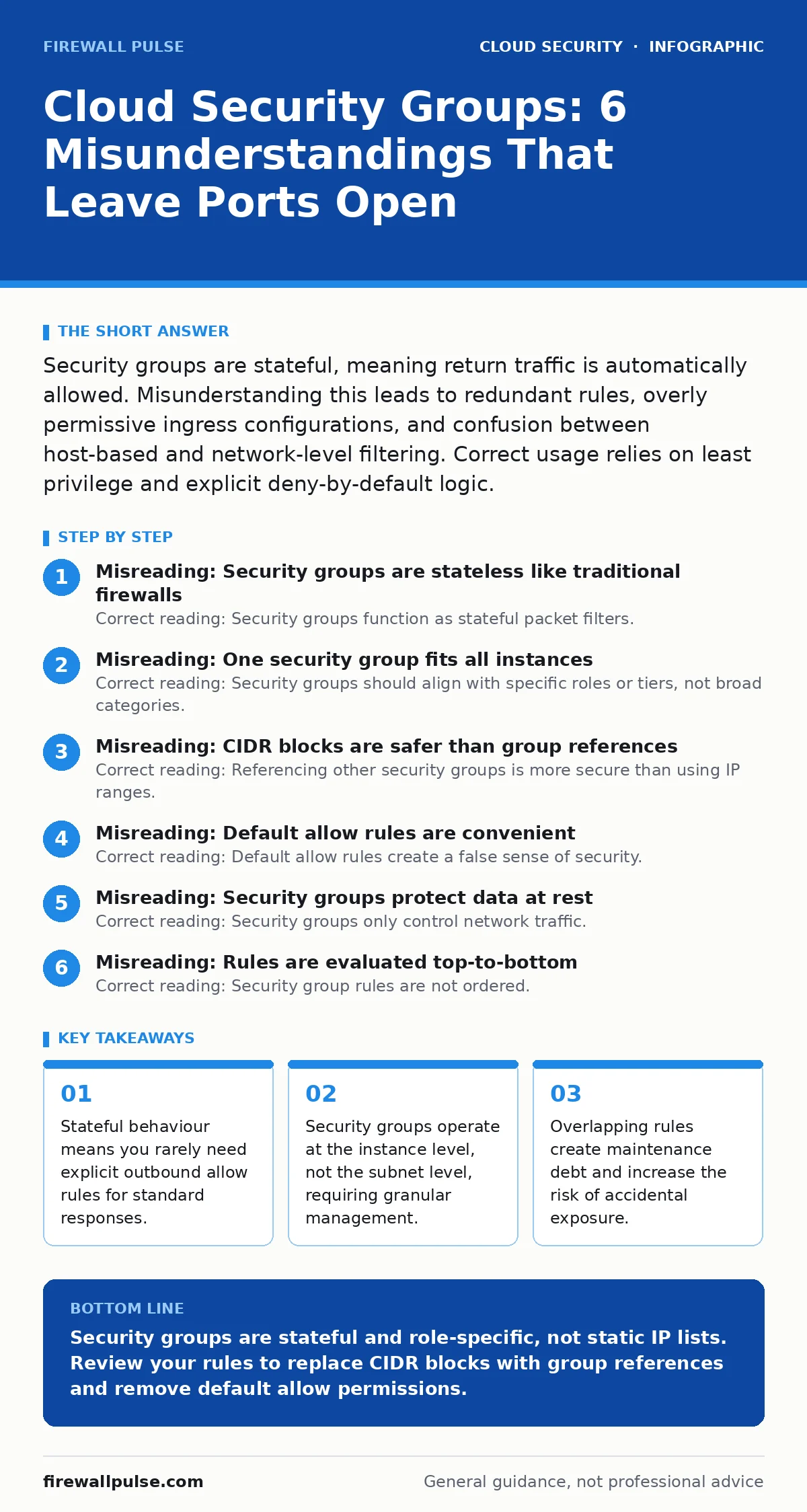 Infographic: Cloud Security Groups: 6 Misunderstandings That Leave Ports Open. Stateful behaviour means you rarely need explicit outbound allow rules for standard responses. Security groups operate at the instance level, not the subnet level, requiring granular management. Overlapping rules create m