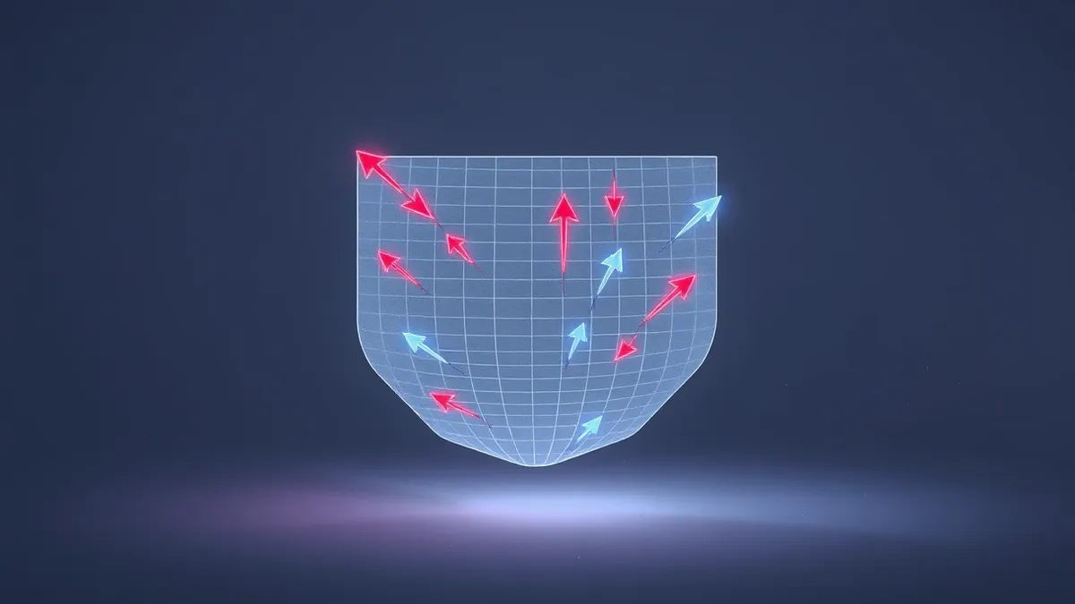 Illustration: A translucent, geometric mesh floats in a clean white void, filtering colorful data streams.