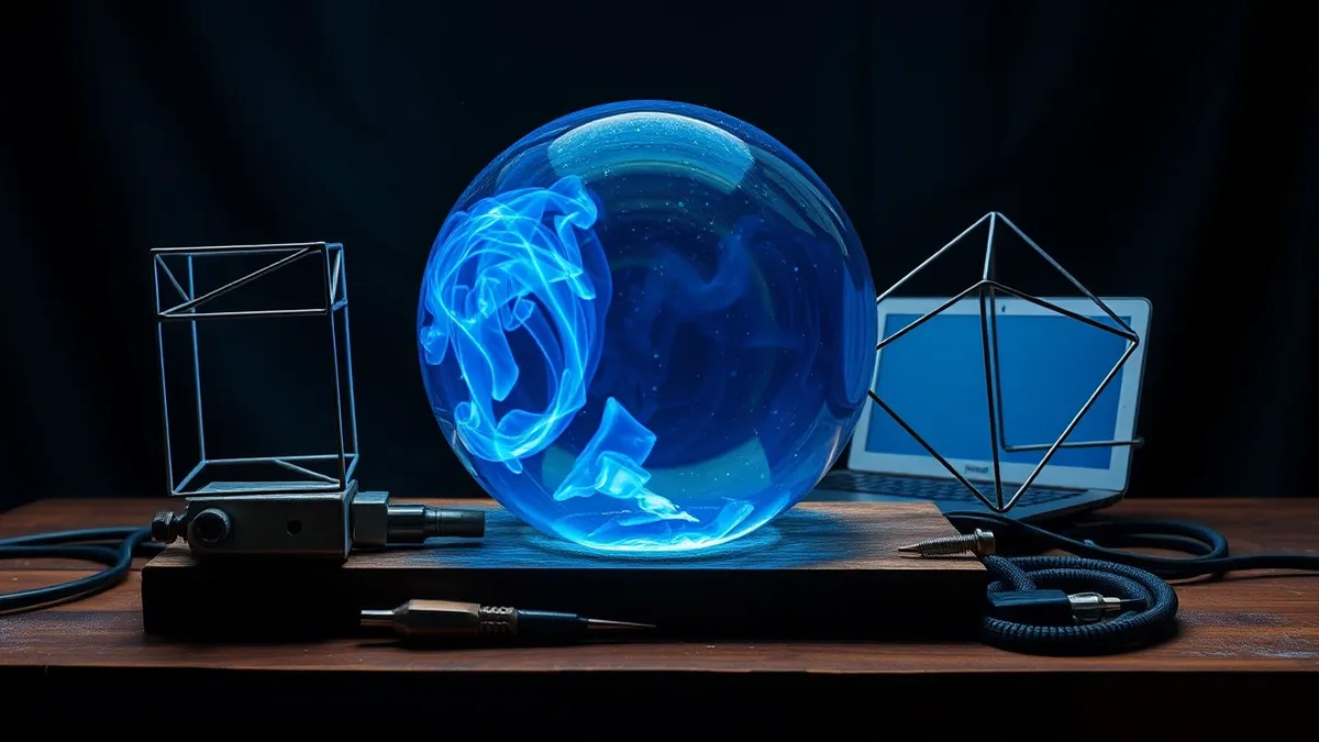 Illustration: A large transparent glass sphere containing swirling blue light rests on a sturdy wooden table, surrounded by various metallic tools and cables.