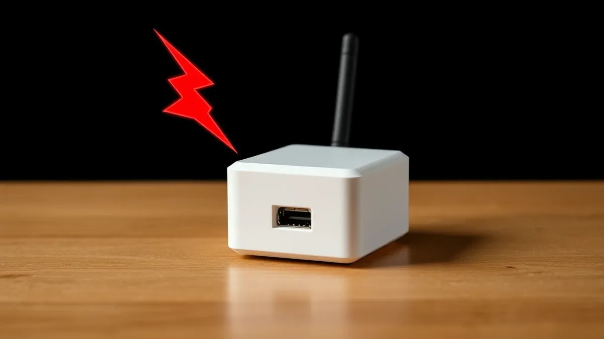 Illustration: A compact white wireless adapter sits on a clean wooden surface with a black antenna extending upward.