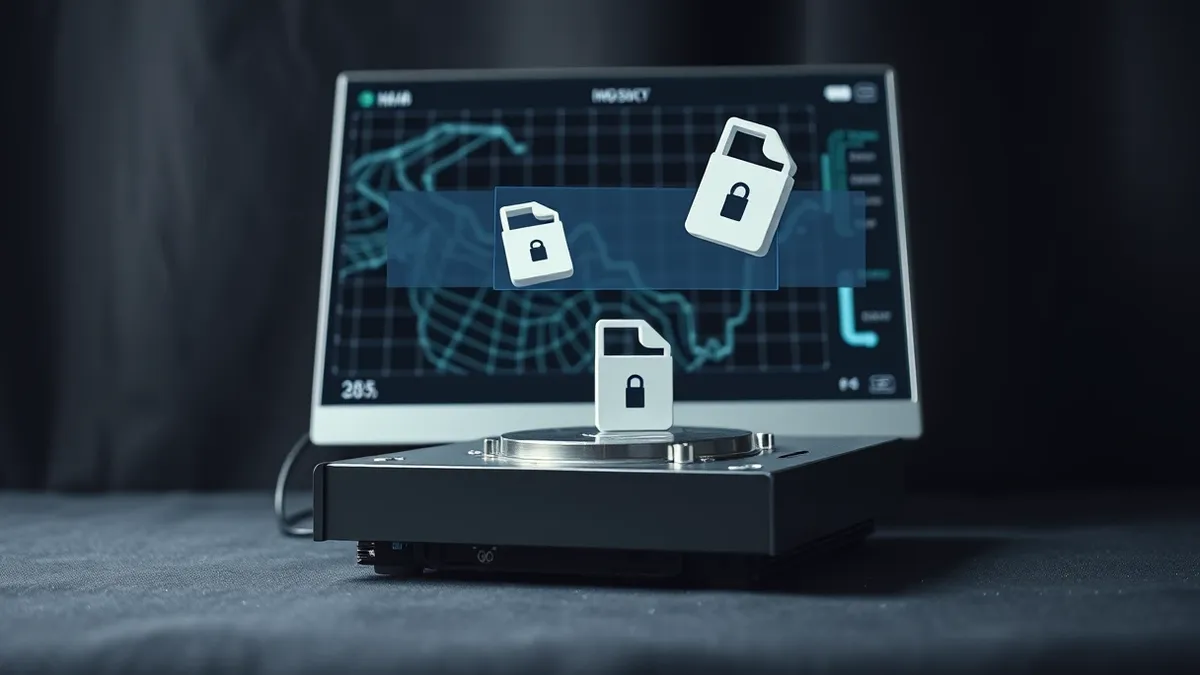 Illustration: A sleek security management console sits on a desk, its screen displaying abstract grid patterns.