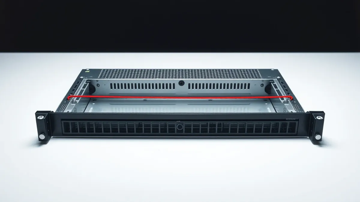 Illustration: A sleek, modern server blade sits isolated on a sterile white table.
