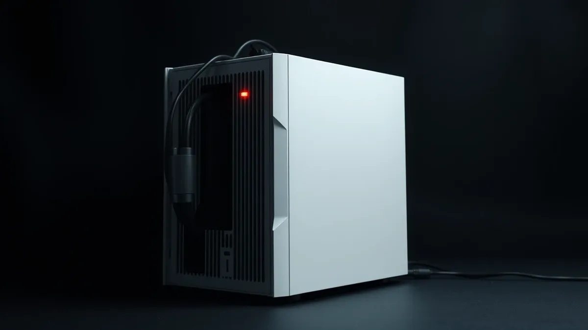 Illustration: A sleek, generic white network server sits on a dark desk, its smooth metal casing bulging slightly as if under immense internal pressure.