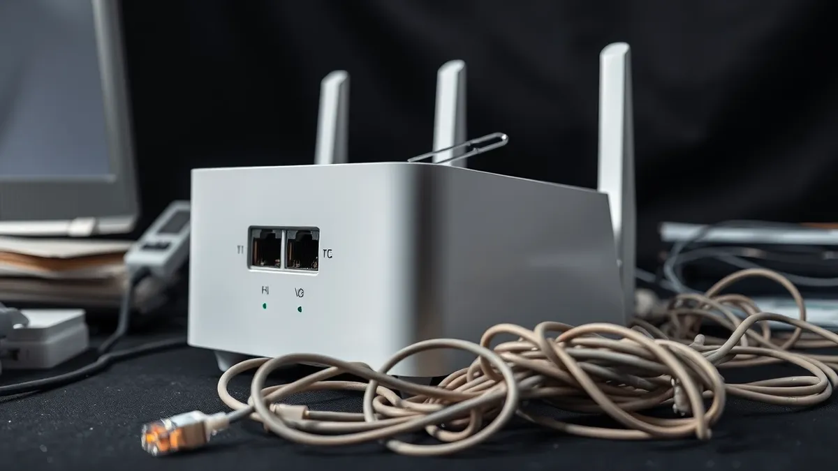 Illustration: A white internet router sits on a cluttered desk, its reset pinhole poked by a straightened paperclip.
