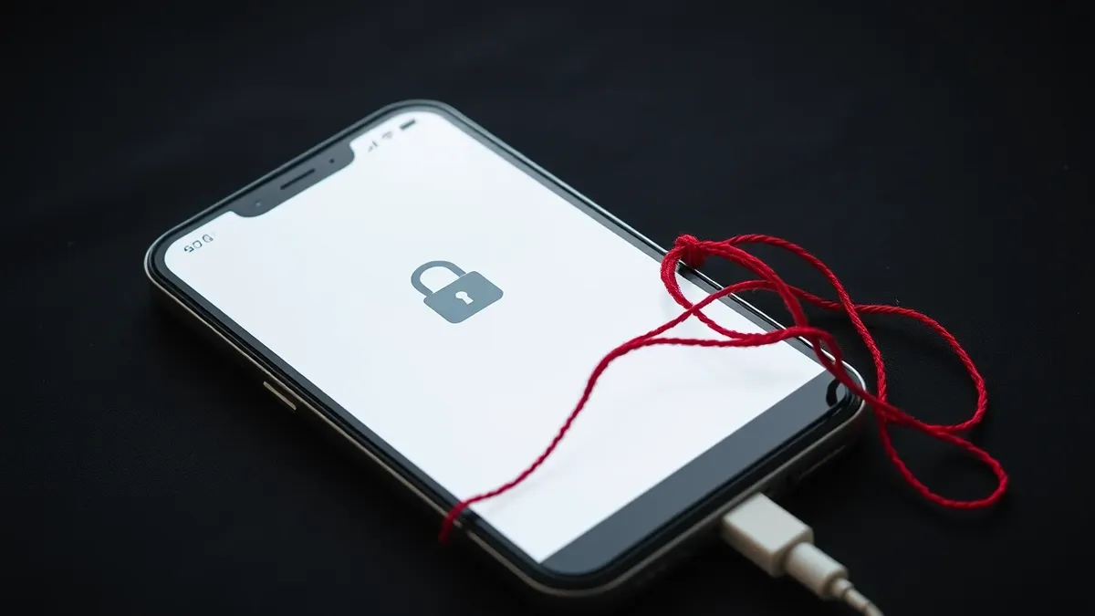 Illustration: A smartphone rests on a desk, its screen displaying a blank login interface with a single unlock icon.
