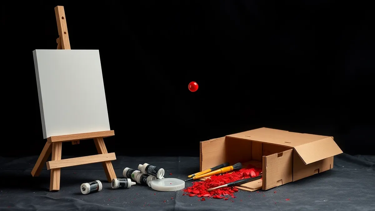 Illustration: A wooden easel holds a blank canvas beside an open cardboard box spilling loose paint tubes and brushes.