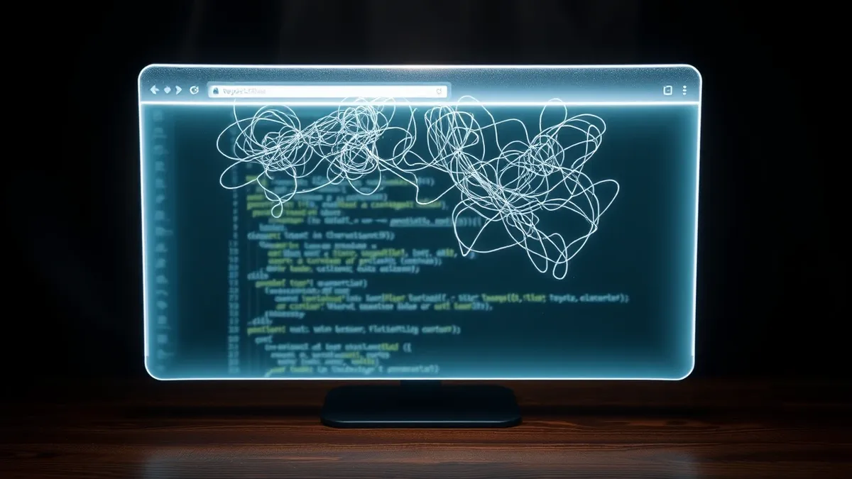 Illustration: A glowing browser window sits on a wooden desk, its screen filled with chaotic, jagged lines of abstract code that twist and tangle like tangled yarn.