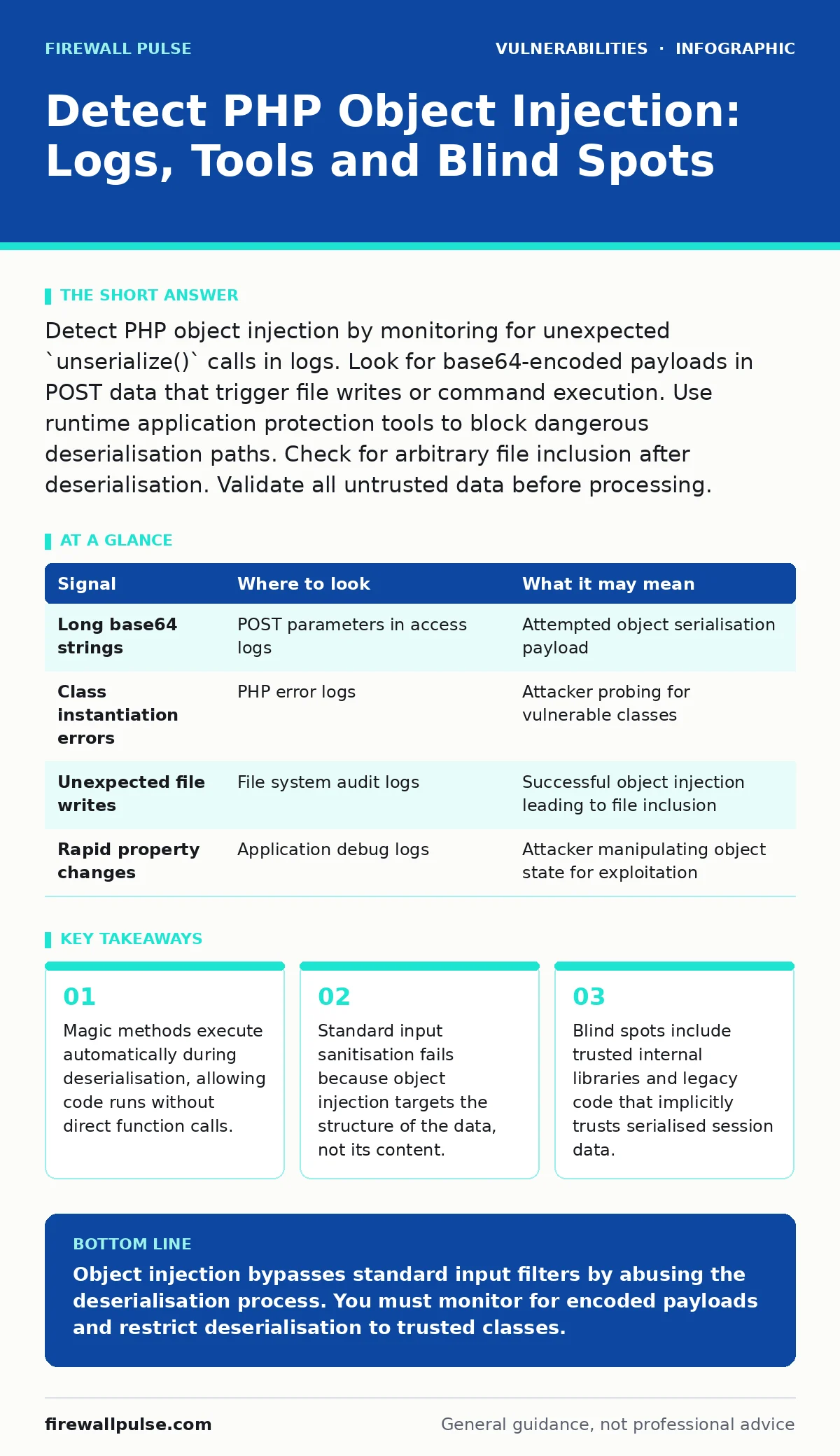 Infographic: Detect PHP Object Injection: Logs, Tools and Blind Spots. Magic methods execute automatically during deserialisation, allowing code runs without direct function calls. Standard input sanitisation fails because object injection targets the structure of the data, not its content. Blind sp