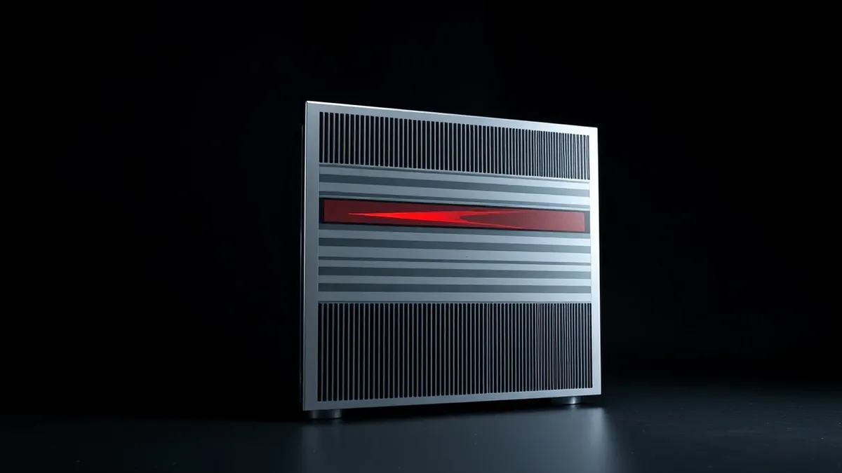 Illustration: A sleek silver server stands alone in a dark room, its front panel displaying a single, jagged red glitch cutting through a pattern of soft gray horizontal bars.