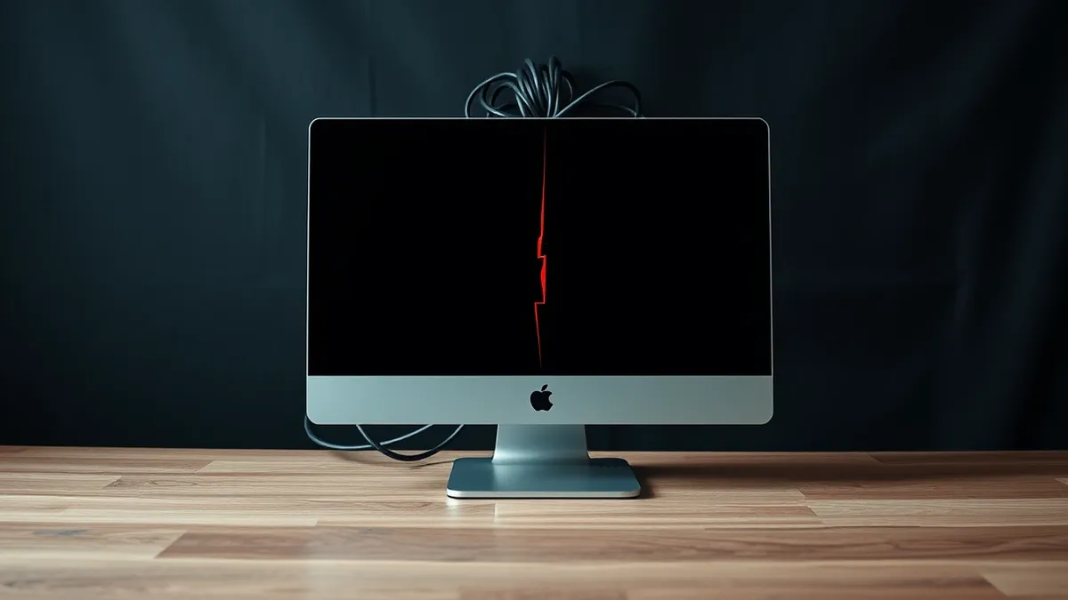 Illustration: A sleek silver desktop computer sits on a minimalist wooden desk, its blank monitor displaying a single jagged red crack spreading across the center.