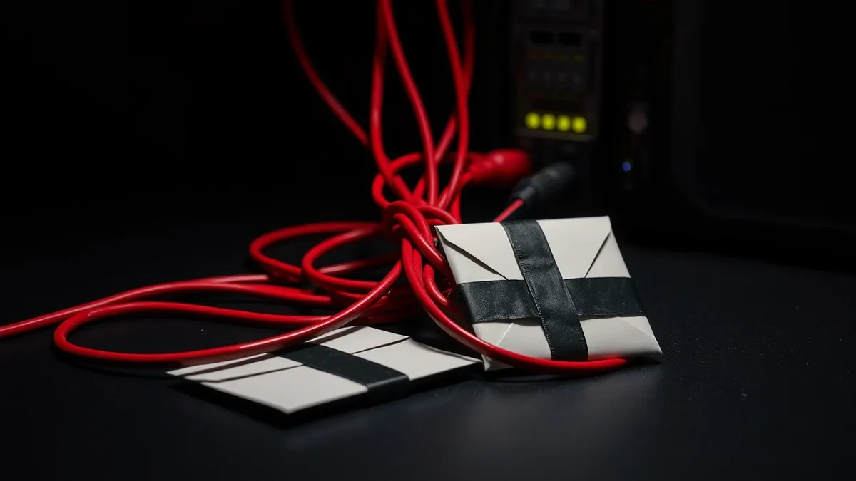 Illustration: A tangled knot of dark red cables connects to a dormant server port, while a solitary white envelope rests nearby, sealed with a thick strip of black tape.
