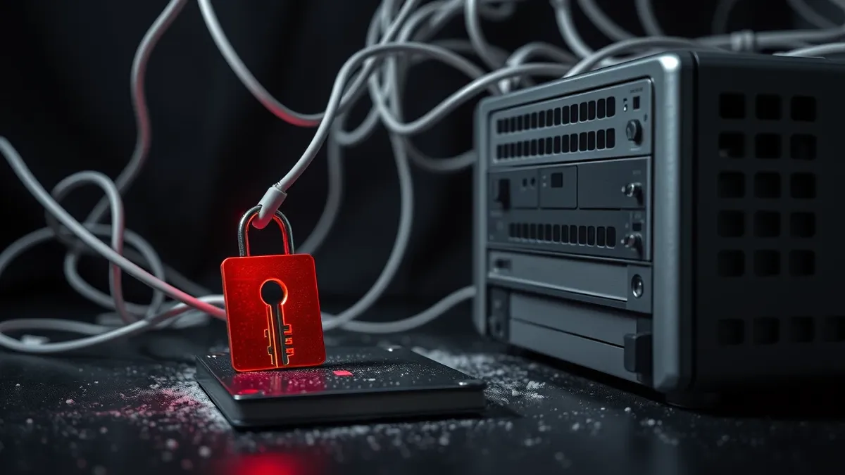 Illustration: A tangled nest of white wires connects a sleek silver server to a glowing red key resting on a dusty desk.