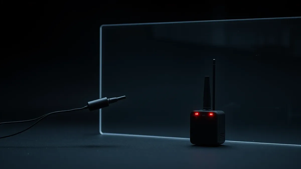 Illustration: A sleek black probe device extends a thin antenna toward a large, opaque glass wall with intricate internal wiring.
