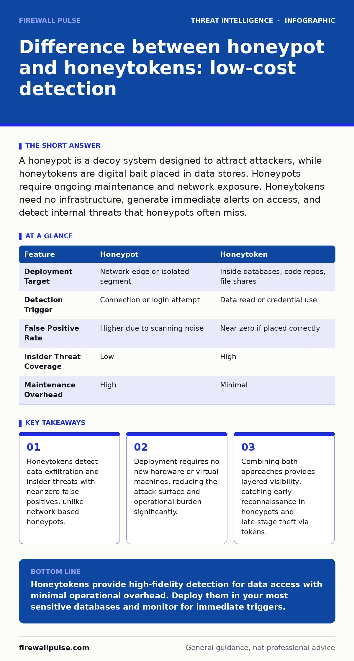 Infographic: Difference between honeypot and honeytokens: low-cost detection. Honeytokens detect data exfiltration and insider threats with near-zero false positives, unlike network-based honeypots. Deployment requires no new hardware or virtual machines, reducing the attack surface and operational