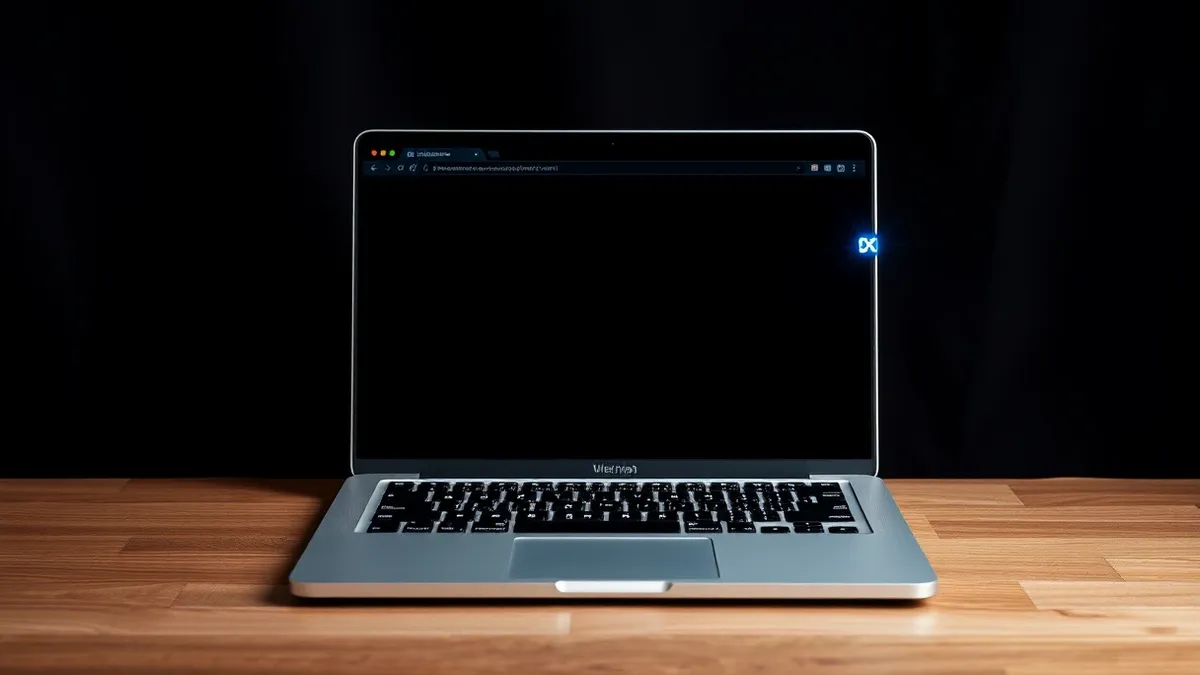 Illustration: A sleek silver laptop sits on a minimalist wooden desk, its screen displaying a web browser with multiple blank colorful tabs.