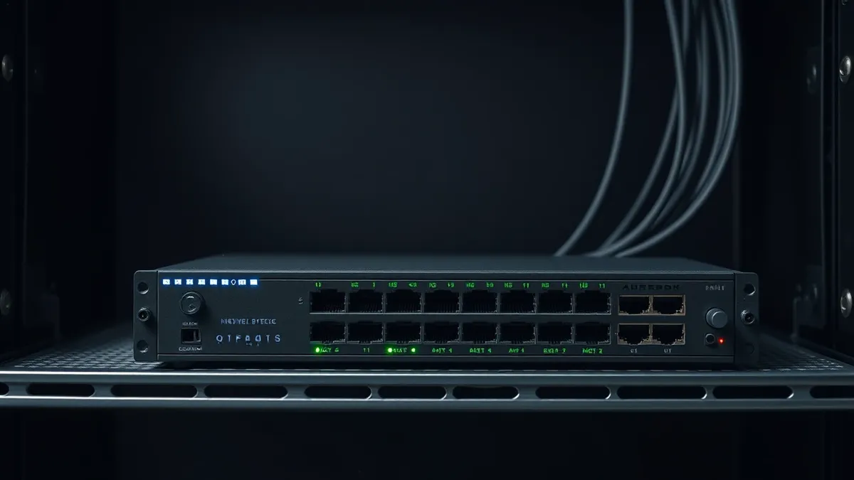 Illustration: A sleek network switch sits on a metal rack shelf, its status lights blinking steadily in blue and green.