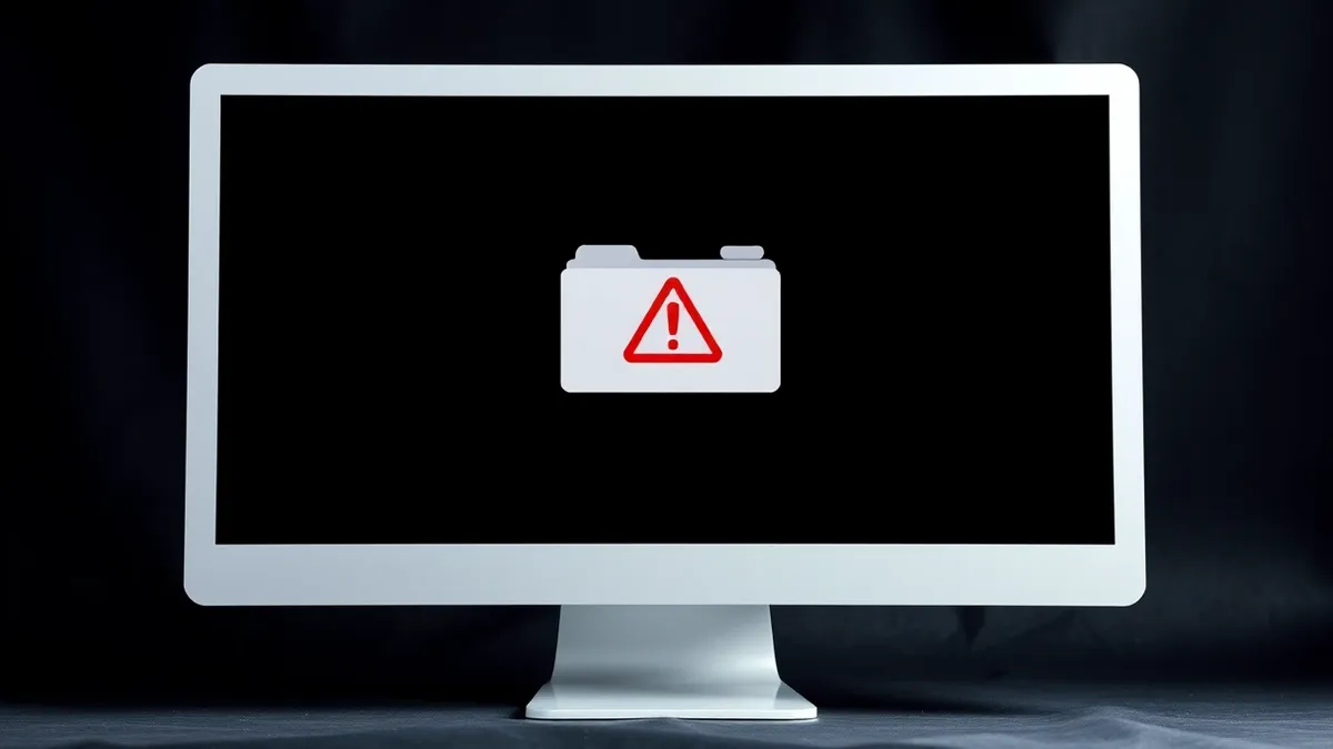 Illustration: A sleek white computer monitor displays a blank desktop background with a single open folder window in the center.
